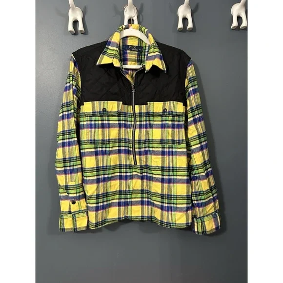 Polo Ralph Lauren Yellow Preppy Rugged Quilted Yoke Flannel Half Zip Cabin XL - Picture 1 of 6